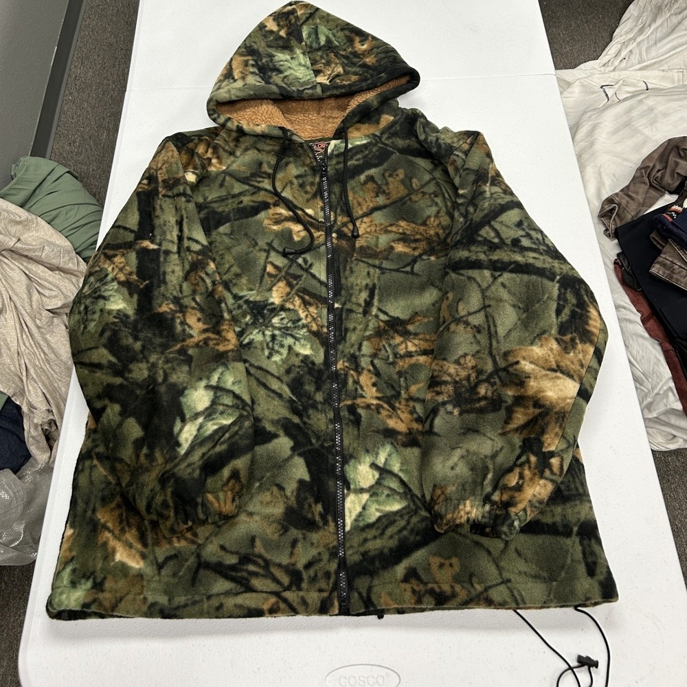 Trail Crest Fleece Jacket Mens Large Green Camo Sherpa Lined Hooded Full Zip